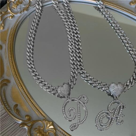 Cuban Link Letter Initial Necklace | Rhinestone Bling Pendant, Sparkly Heart A-Z - Picture 3 of 4